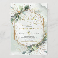 Magnificent boho greendy leaves gold oh baby invitation