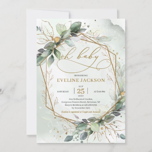 Magnificent boho greendy leaves gold oh baby invitation