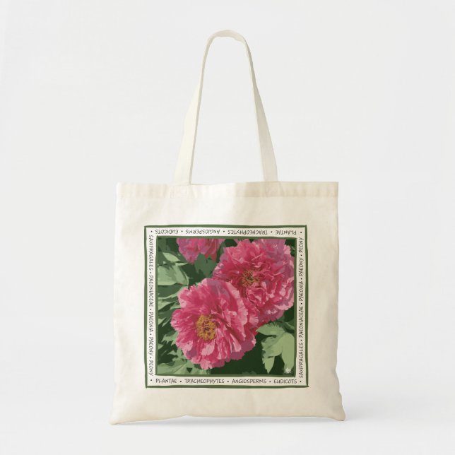 Magnificent deep pink peony on canvas tote bag. (Front)