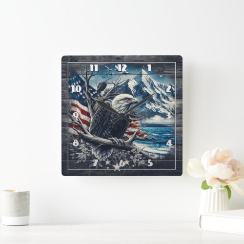 Magnificent Eagle With American Flag and Mountains Square Wall Clock