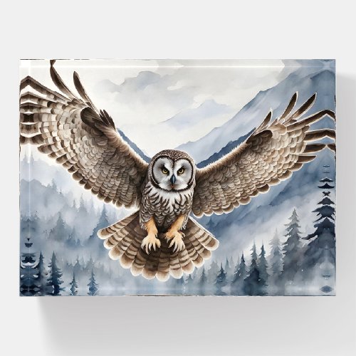Magnificent Gray Owl Coming in for a Landing  Paperweight
