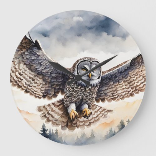 Magnificent Gray Owl Flying through the Air Large Clock