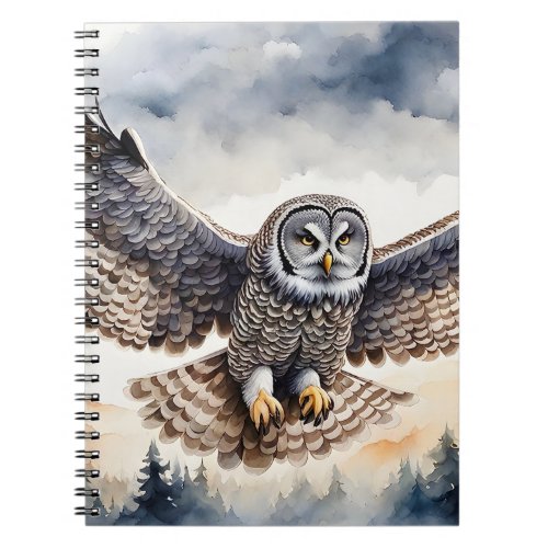 Magnificent Gray Owl Flying through the Air Notebook