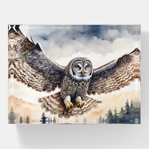 Magnificent Gray Owl Flying through the Air Paperweight