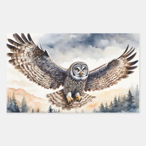 Magnificent Gray Owl Flying through the Air Rectangular Sticker