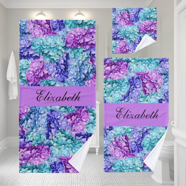 Magnificent hydrangea blossoms, personalized bath towel set (Creator Uploaded)