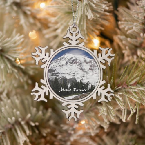 Magnificent Mount Rainier Snowflake Pewter Christmas Ornament