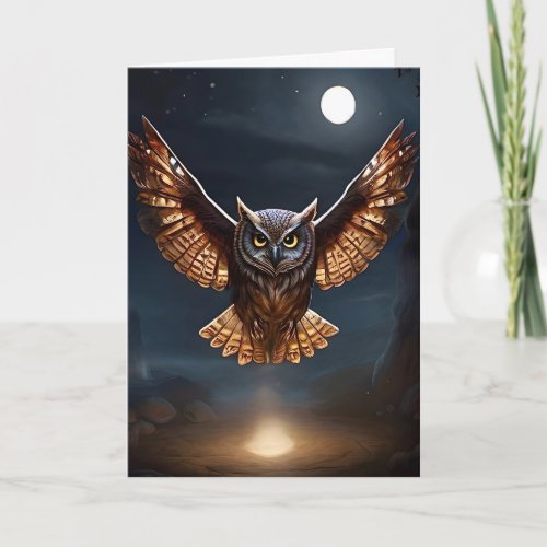 Magnificent Owl Flying at Night over Fire Blank Card