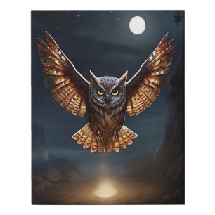 Magnificent Owl Flying at Night over Fire Faux Canvas Print