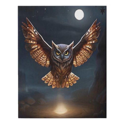 Magnificent Owl Flying at Night over Fire Faux Canvas Print