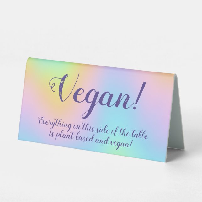 Magnificent Pastel Rainbow Wedding "Vegan" Table Tent (Front)
