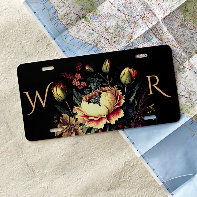 Magnificent Vintage Floral Arrangement Monogram License Plate (In Situ)