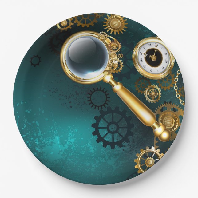 Magnifier in Steampunk Style Paper Plates (Front)