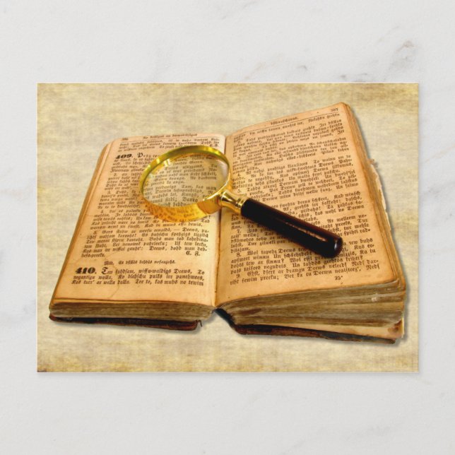 Magnifying Glass and Old Book Postcard (Front)