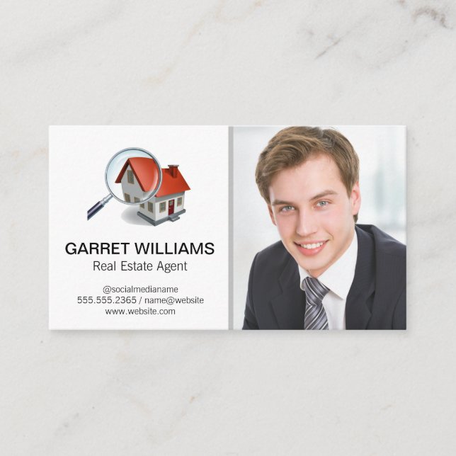 Magnifying Glass Home Logo | Smiling Business Man Business Card (Front)