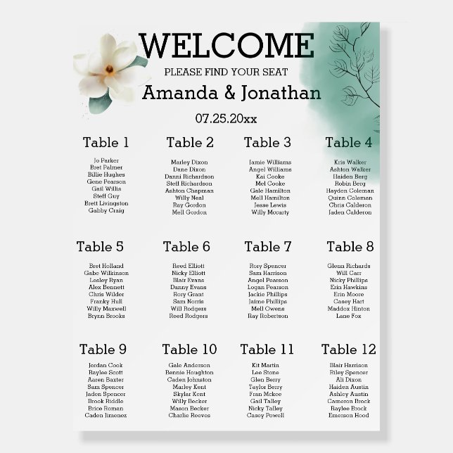 Magnolia Alphabetical Wedding Seating Chart Sign (Front)