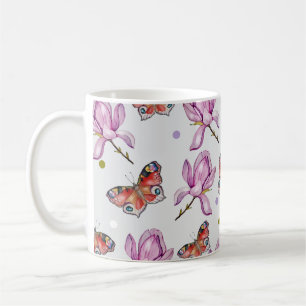 Magnolia and butterflies, watercolor pattern coffee mug