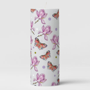 Magnolia and butterflies, watercolor pattern pillar candle