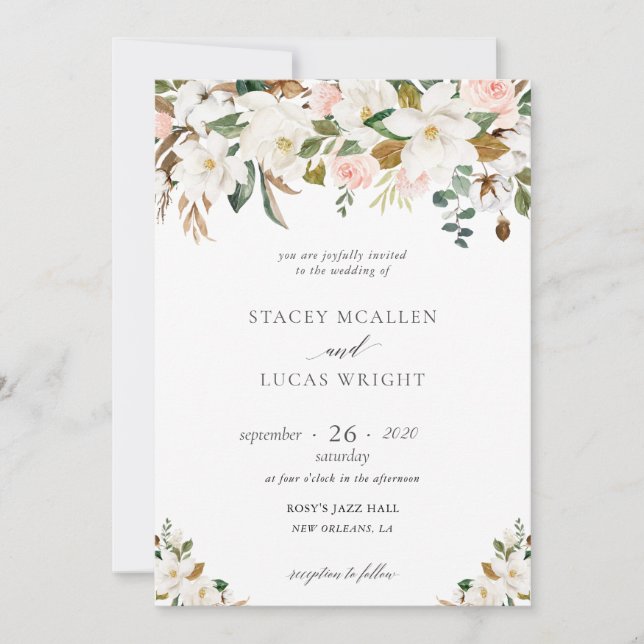 Magnolia and Cotton Floral Invitations (Front)