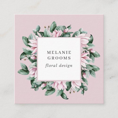 Magnolia and Eucalyptus floral frame pink Square Business Card