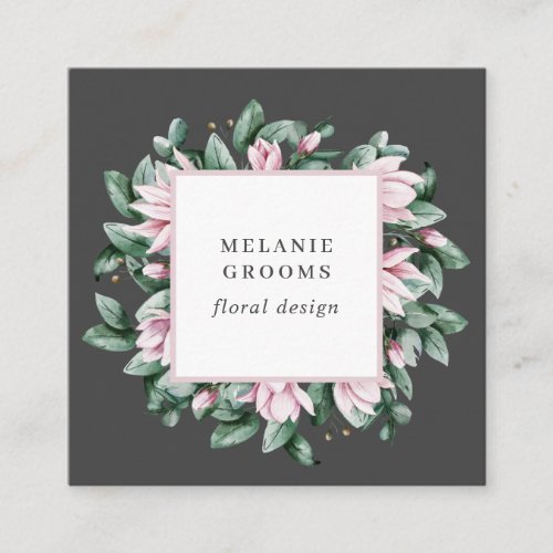 Magnolia and Eucalyptus floral frame pink Square Business Card