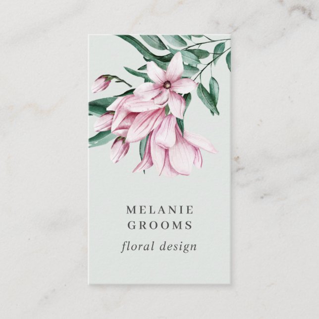 Magnolia and Eucalyptus gray Floral Botanical Business Card (Front)