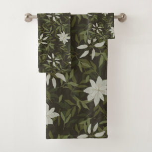 Magnolia and green leaves on black bath towel set