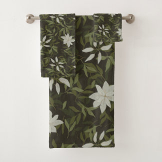 Magnolia and green leaves on black bath towel set