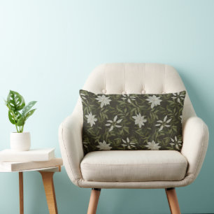 Magnolia and green leaves on black lumbar pillow