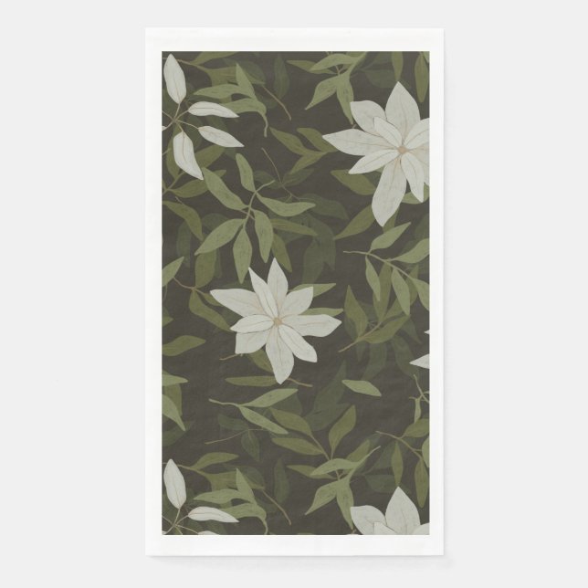 Magnolia and green leaves on black paper guest towels (Front)