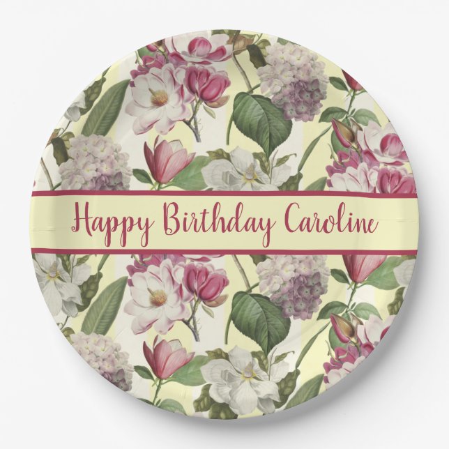 Magnolia and Hydrangea Flowers Southern Paper Plates (Front)