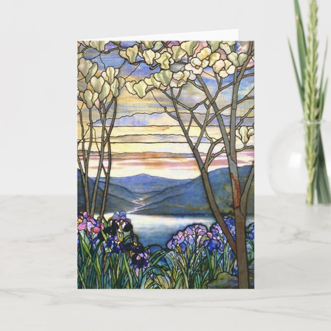 Magnolia and Iris Tiffany Stained Glass Window Card (Front)