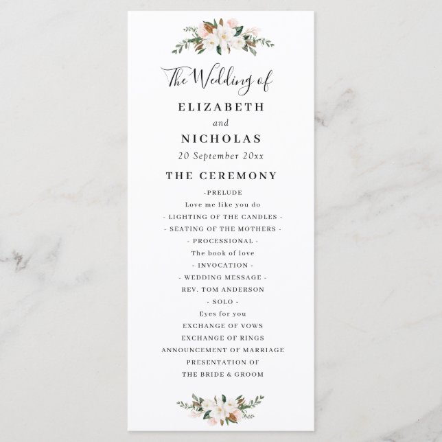 magnolia and pink floral wedding program (Front)