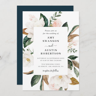 magnolia and pink flowers wedding invitation