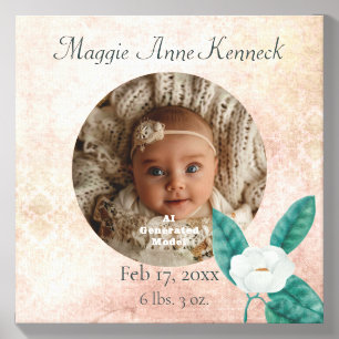 Magnolia Baby Girl Birth Stats Canvas Photo Tile