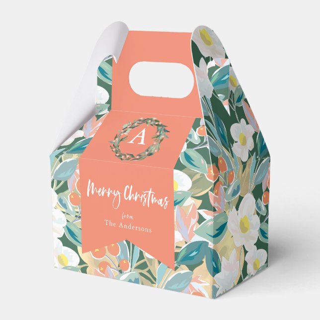 Magnolia & Berry Green Floral Holiday Favor Boxes (Front Side)