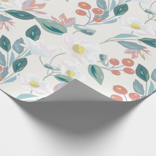 Magnolia  Berry Ivory White Floral Wrapping Paper
