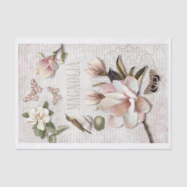 Magnolia, Bird, and Butterflies Collage Tissue Paper (Front)