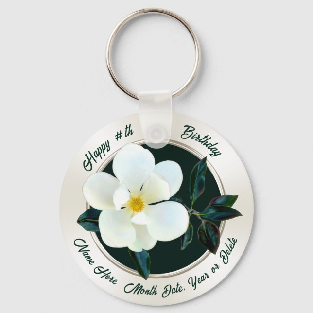 Magnolia Birthday, Flower Party Favors, Magnolia  Keychain (Front)