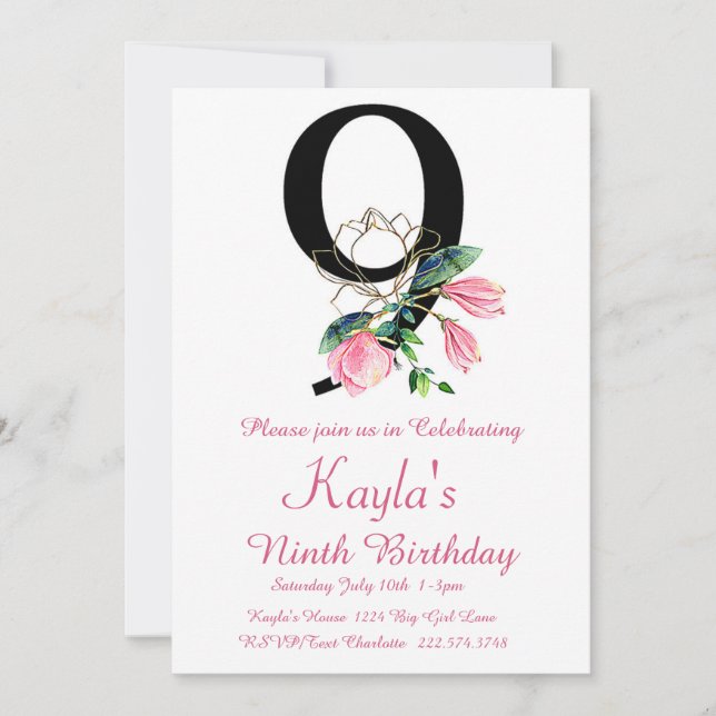 Magnolia Birthday Invitation, 9th Birthday Invitation (Front)