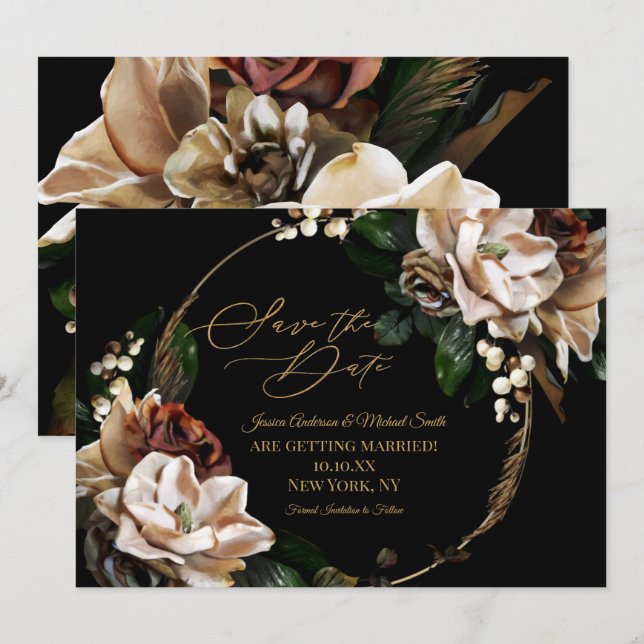 Magnolia Black Gold Wreath Floral Save the Date In Invitation (Front/Back)
