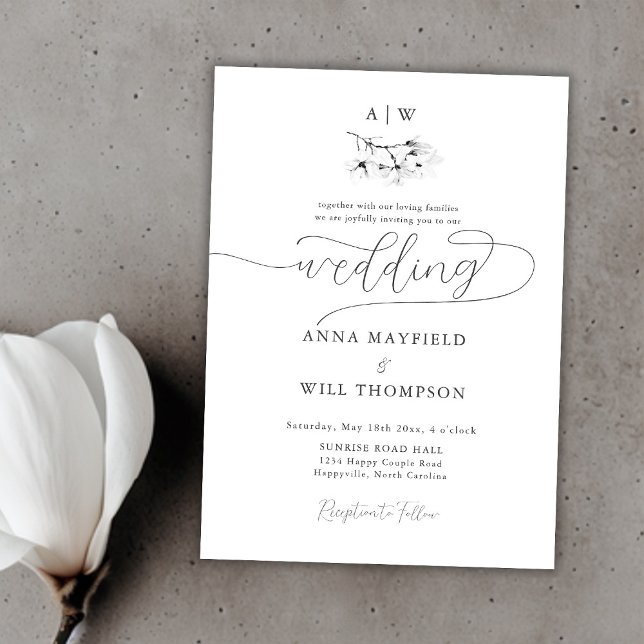Magnolia Black White Calligraphy Modern Weddin Invitation (Classic Magnolia Wedding Crest Black White Elegant Invitation)