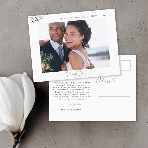 Magnolia Black White Wedding Photo Thank You Postcard