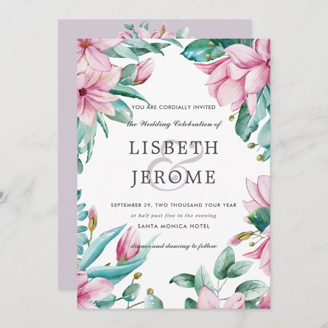 Magnolia Bloom | All in one Botanical Wedding Invitation (Front/Back)