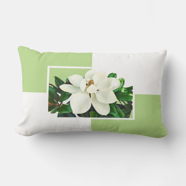 Magnolia Bloom | Green & Yellow Reversible Lumbar Pillow (Front)