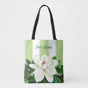 Magnolia Bloom Personalized Green & White Tote Bag