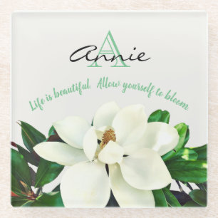 Magnolia Bloom Personalized Inspirational Glass Coaster