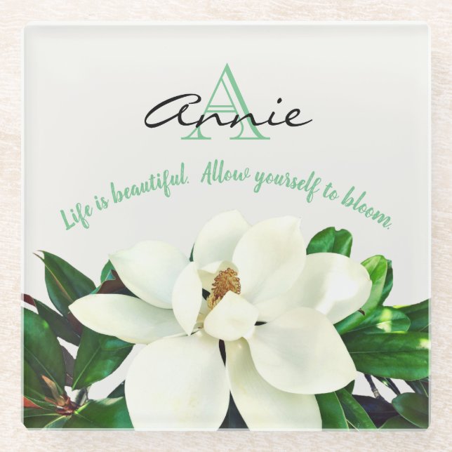 Magnolia Bloom | Personalized Inspirational Glass Coaster (Front)