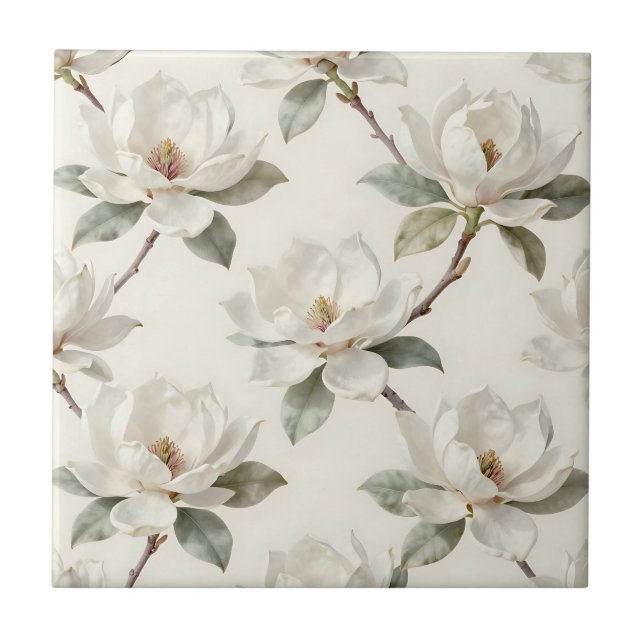 Magnolia Bloom Soft Neutral Pattern Ceramic Tile (Front)
