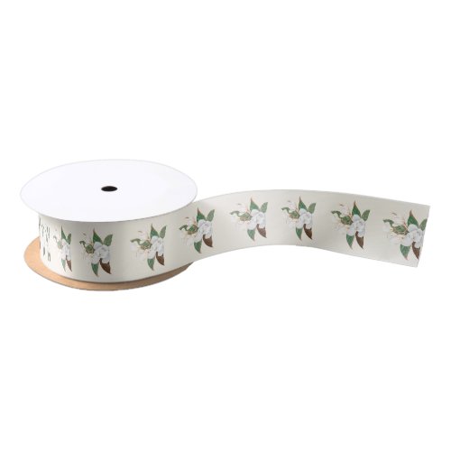 Magnolia blooming flowers on light tan satin ribbon